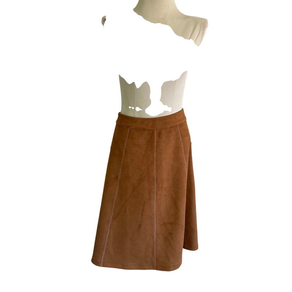 Unique Vintage Brown Faux Suede A Line Midi Skirt Plus Size 2X Boho Embroidered